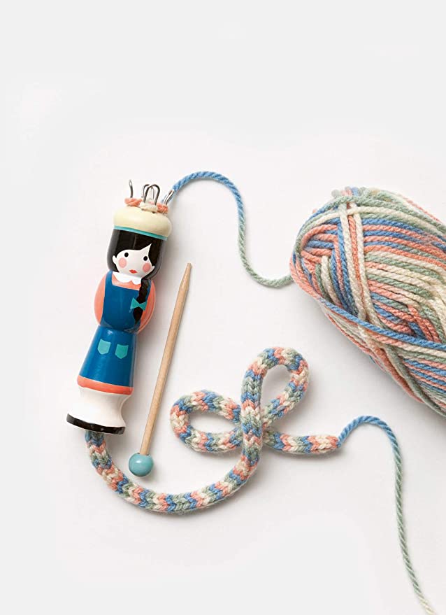 Strickliesel inklusive Regenbogen Wolle, Holzstricknadel und Sticknadel Folia