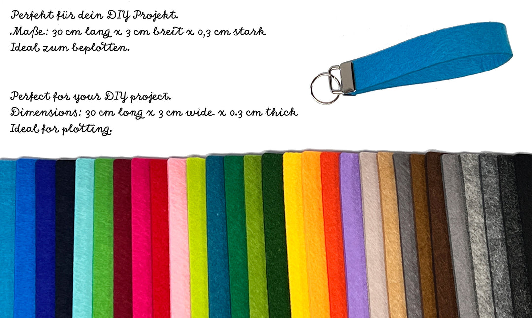 10er Set Filzbänder | Rohlinge 30x2,5x0,3cm | Arbeitsmaterial | Bänder für Schlüsselanhänger in 30 verschiedenen Farben | verschiedene Sets