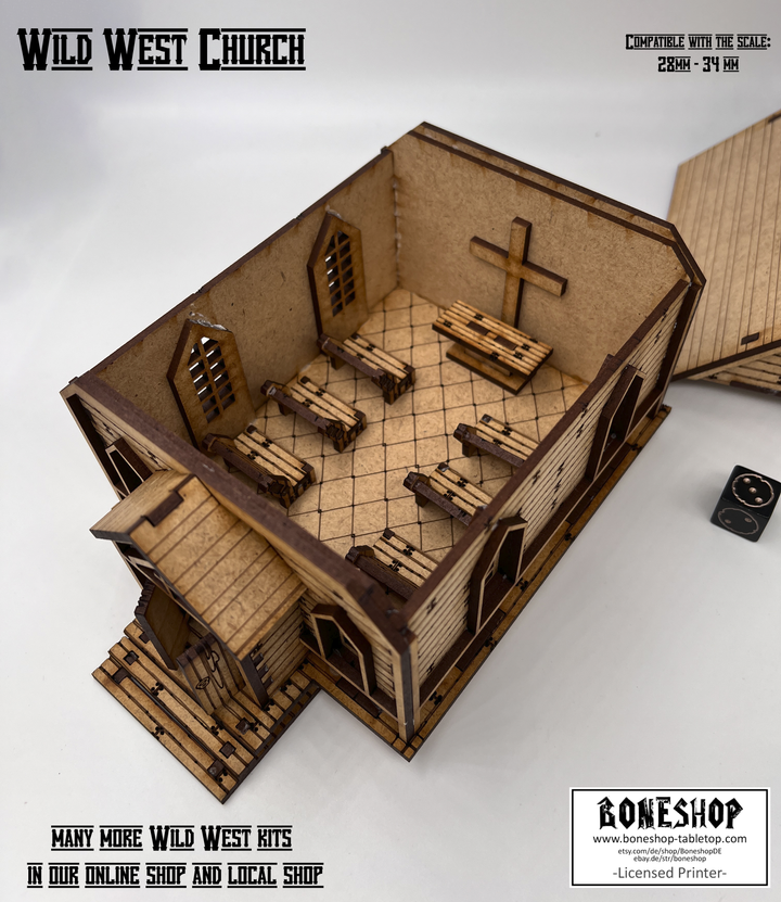 Wild West Kirche - kompatibel mit Miniaturen im Maßstab 28mm bis 34mm - Maßstab 1:56 - Boneshop - Lasercut Bausatz mit Anleitung