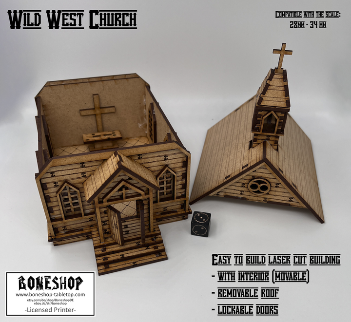 Wild West Kirche - kompatibel mit Miniaturen im Maßstab 28mm bis 34mm - Maßstab 1:56 - Boneshop - Lasercut Bausatz mit Anleitung