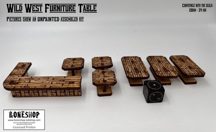 Wild West Saloon & Möbel - kompatibel mit Miniaturen im Maßstab 28mm bis 34mm - Maßstab 1:56 - Boneshop - Lasercut Bausatz mit Anleitung