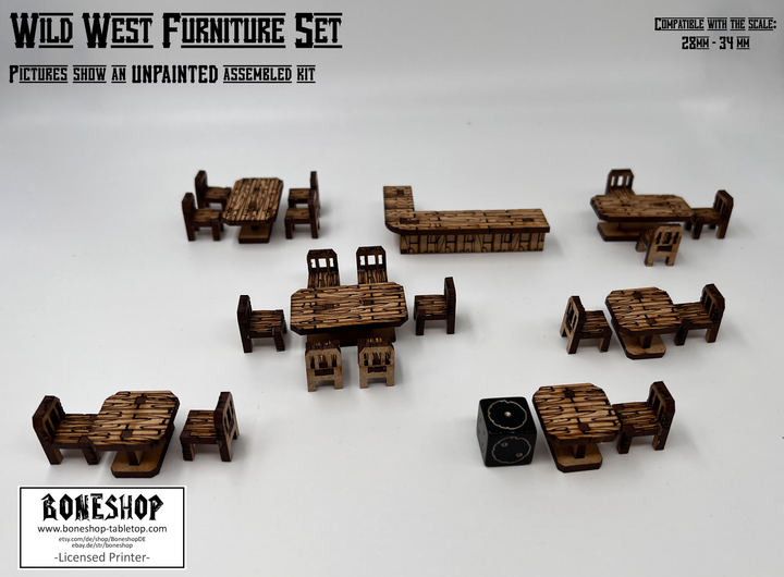 Wild West Saloon & Möbel - kompatibel mit Miniaturen im Maßstab 28mm bis 34mm - Maßstab 1:56 - Boneshop - Lasercut Bausatz mit Anleitung