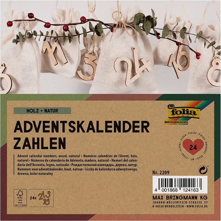 Adventskalender Zahlen, 5cm, Holz natur, 24 Zahlen aus Holz zum Aufhängen