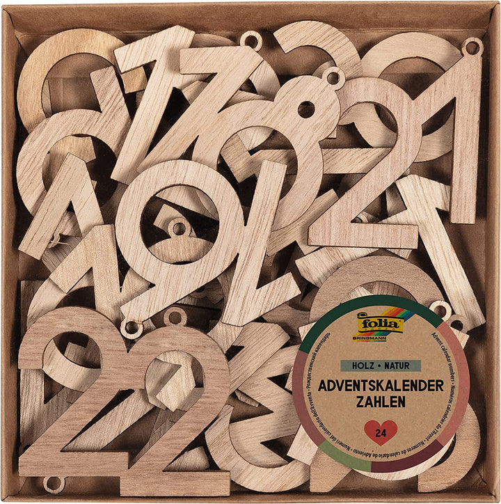 Adventskalender Zahlen, 5cm, Holz natur, 24 Zahlen aus Holz zum Aufhängen