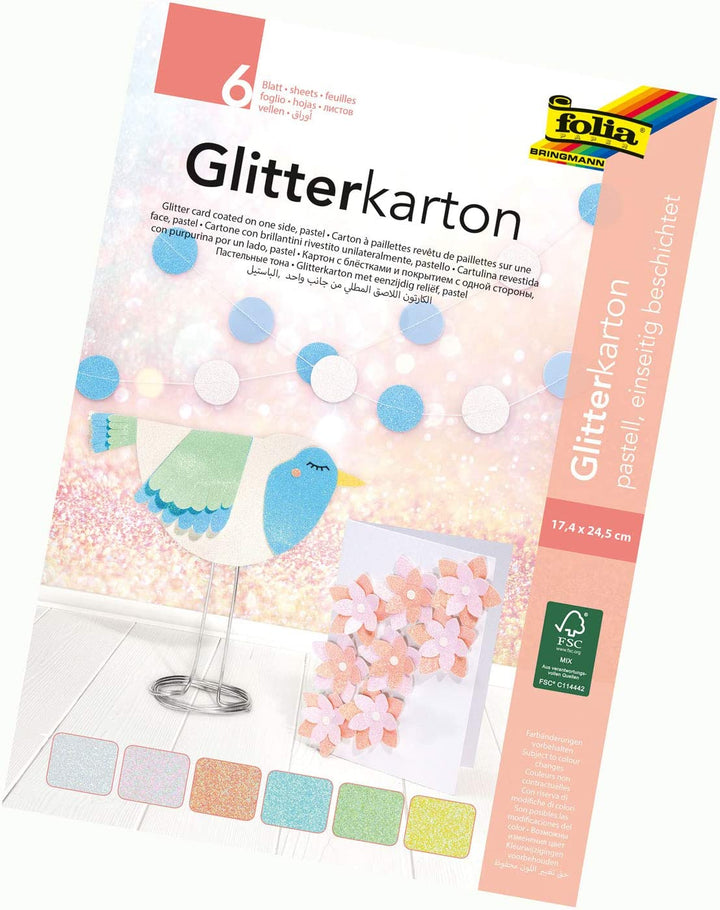 Glitterkarton Pastell 6 Blatt einseitig beschichtet 17,4x 24,5 cm