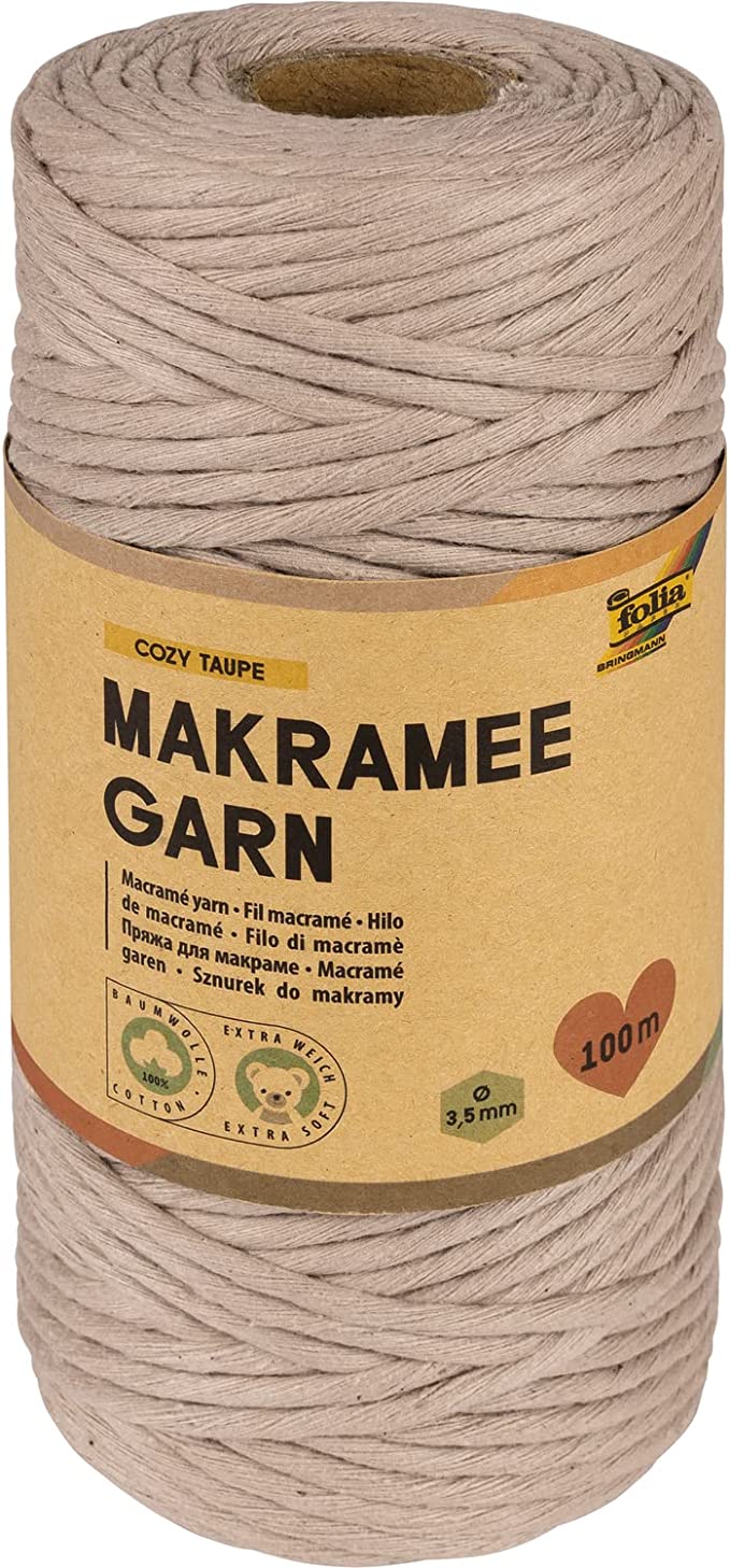 Makramee Garn 100 % Baumwolle, 100 m gedrehtes Garn in Natur hell, Durchmesser 3,5 mm, zum Basteln und Knüpfen