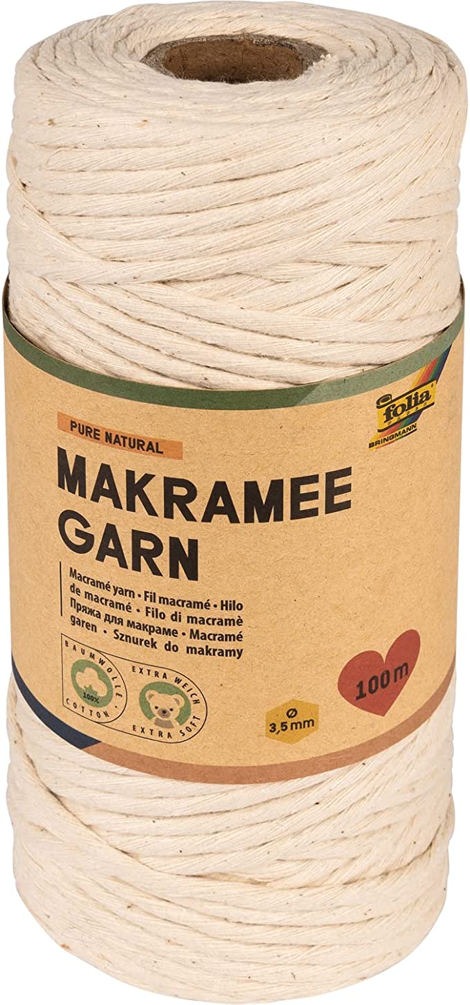 Makramee Garn 100 % Baumwolle, 100 m gedrehtes Garn in Natur hell, Durchmesser 3,5 mm, zum Basteln und Knüpfen