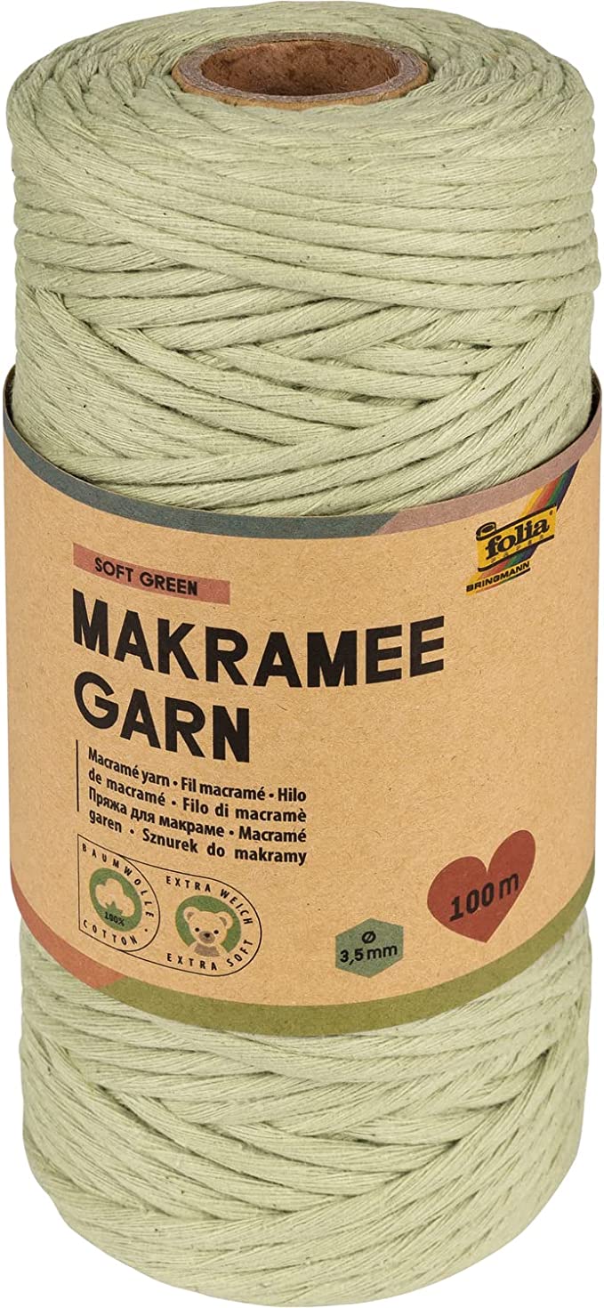 Makramee Garn 100 % Baumwolle, 100 m gedrehtes Garn in Natur hell, Durchmesser 3,5 mm, zum Basteln und Knüpfen