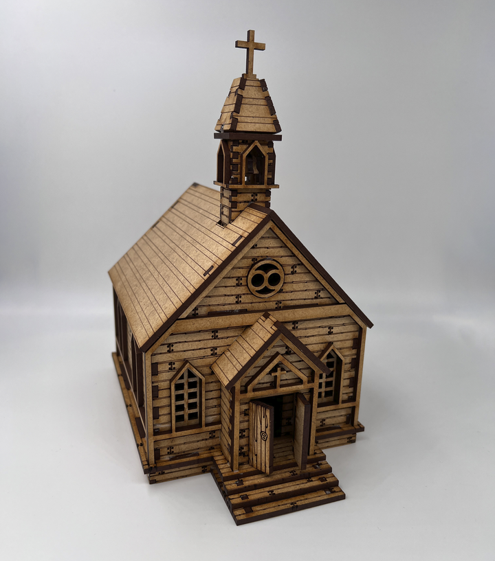 Wild West Kirche - kompatibel mit Miniaturen im Maßstab 28mm bis 34mm - Maßstab 1:56 - Boneshop - Lasercut Bausatz mit Anleitung
