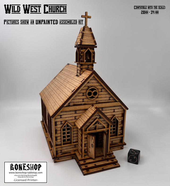 Wild West Kirche - kompatibel mit Miniaturen im Maßstab 28mm bis 34mm - Maßstab 1:56 - Boneshop - Lasercut Bausatz mit Anleitung