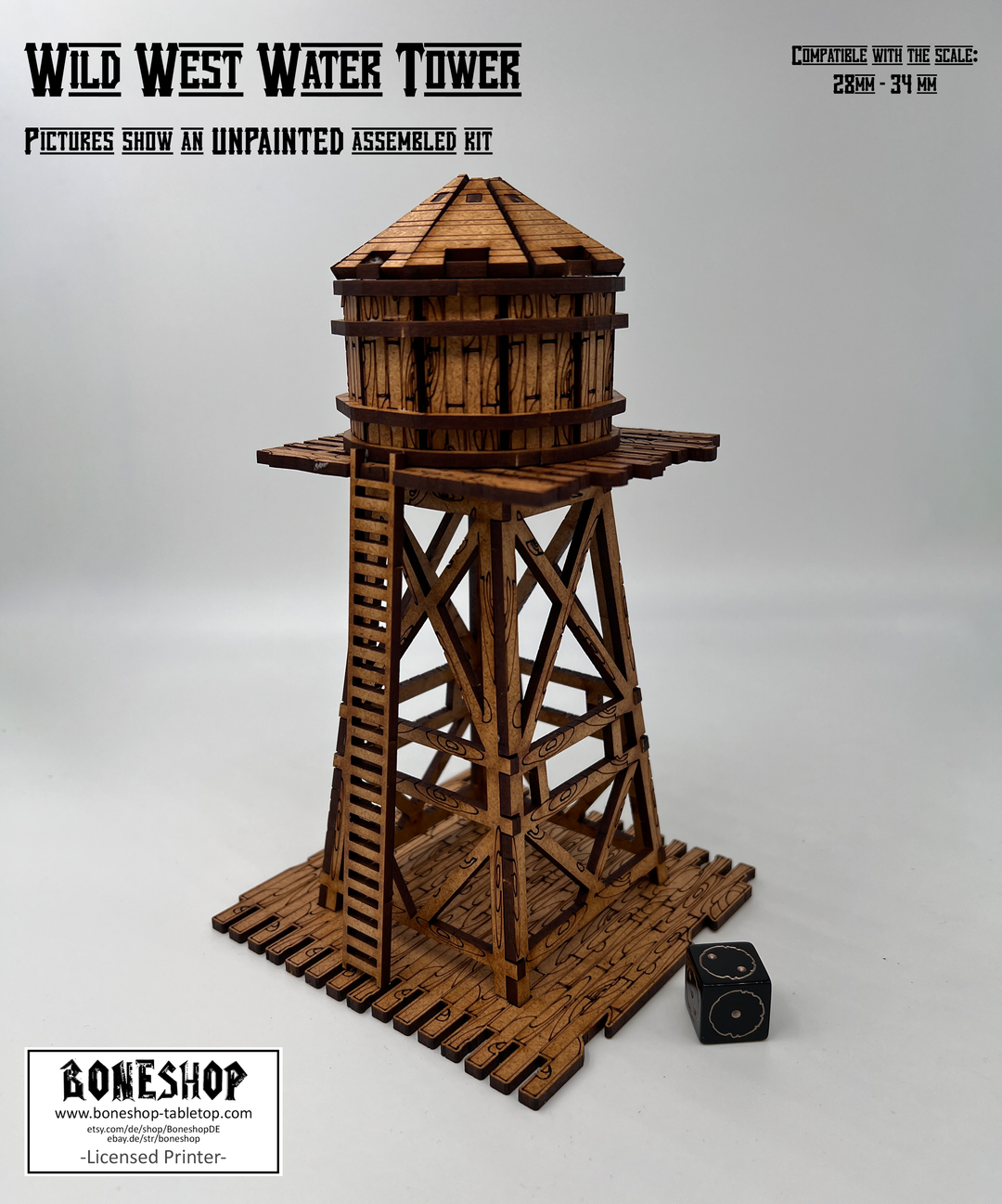 Wild West Wasserturm - kompatibel mit Miniaturen im Maßstab 28mm bis 34mm - Maßstab 1:56 - Boneshop - Lasercut Bausatz mit Anleitung