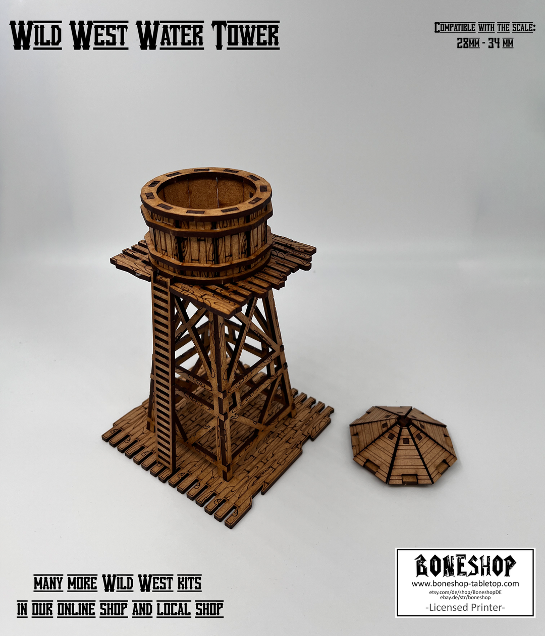 Wild West Wasserturm - kompatibel mit Miniaturen im Maßstab 28mm bis 34mm - Maßstab 1:56 - Boneshop - Lasercut Bausatz mit Anleitung