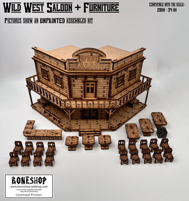 Wild West Saloon & Möbel - kompatibel mit Miniaturen im Maßstab 28mm bis 34mm - Maßstab 1:56 - Boneshop - Lasercut Bausatz mit Anleitung