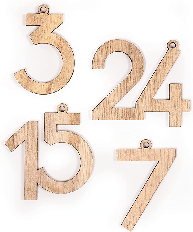 Adventskalender Zahlen, 5cm, Holz natur, 24 Zahlen aus Holz zum Aufhängen