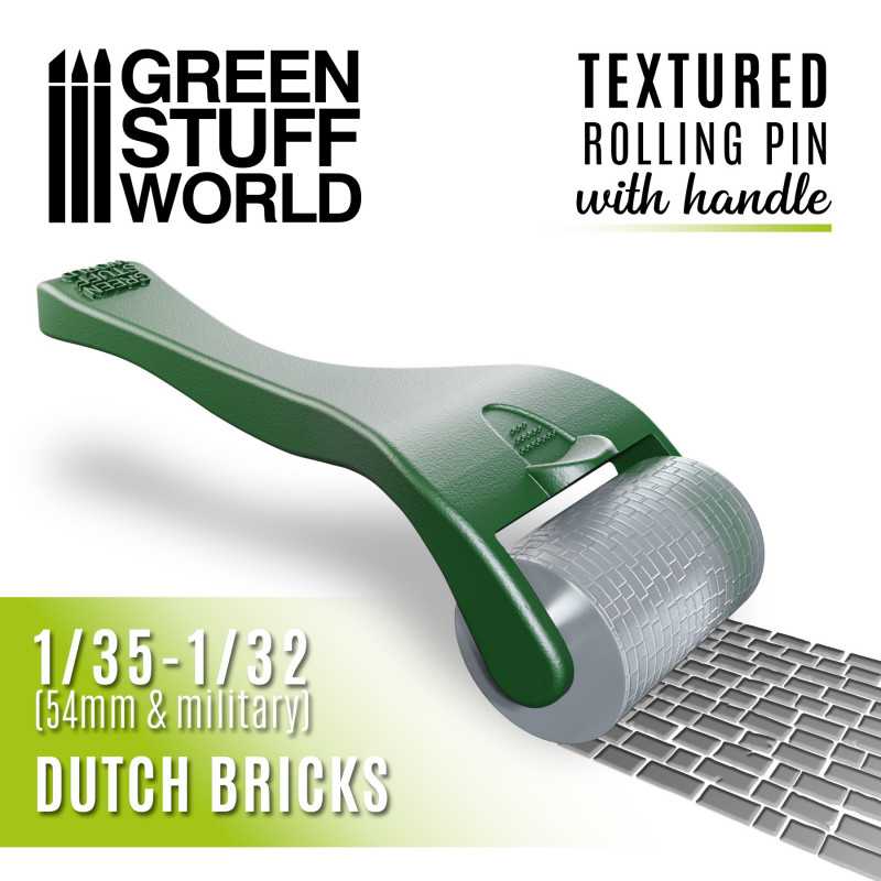 Green Stuff World - Strukturierte Walze mit Griff - Holländische ZIEGEL - Rolling pin with Handle - Dutch Bricks