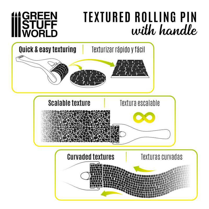 Green Stuff World - Strukturierte Walze mit Griff - Steinfliesenboden 15mm - Rolling pin with Handle - Flagstone 15mm