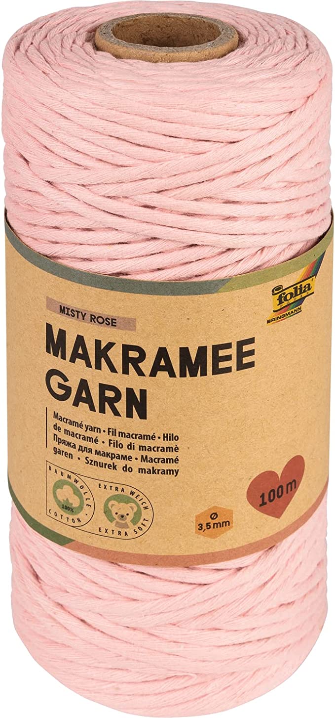 Makramee Garn 100 % Baumwolle, 100 m gedrehtes Garn in Natur hell, Durchmesser 3,5 mm, zum Basteln und Knüpfen