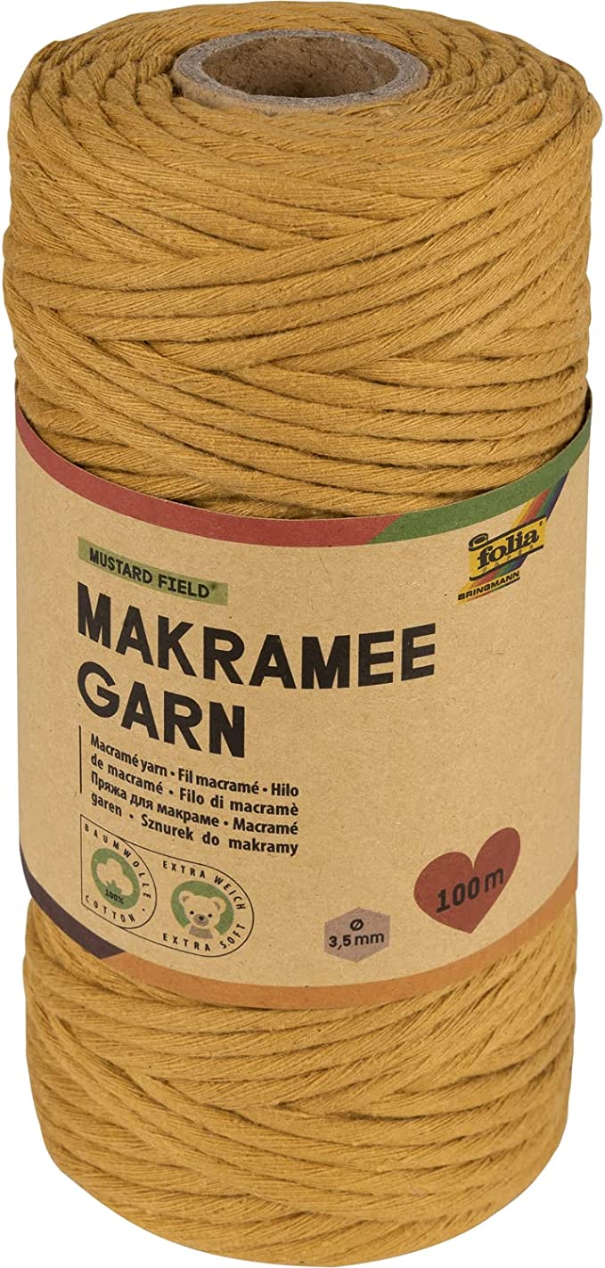 Makramee Garn 100 % Baumwolle, 100 m gedrehtes Garn in Natur hell, Durchmesser 3,5 mm, zum Basteln und Knüpfen