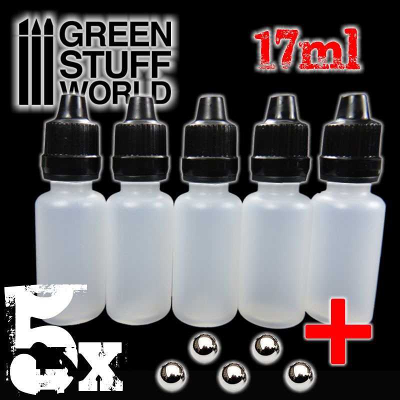 Green Stuff World - 5x Leere Fläschchen mit Agitatorkugel und Tropfer | Mixing Bottle 17ml