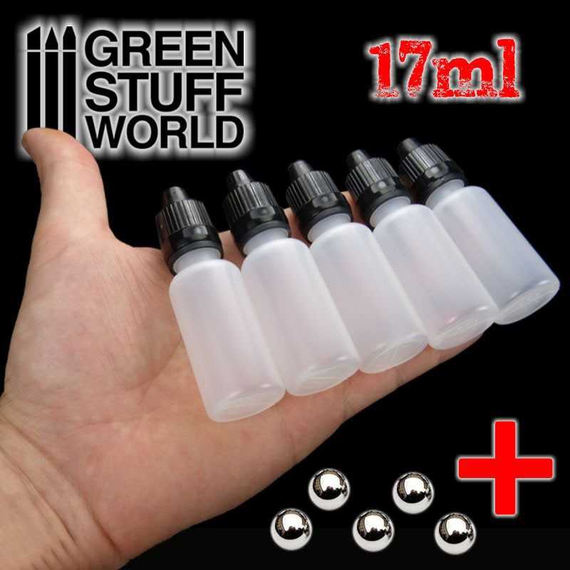 Green Stuff World - 5x Leere Fläschchen mit Agitatorkugel und Tropfer | Mixing Bottle 17ml